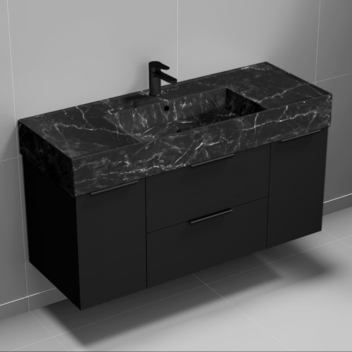 Nameeks DERIN978 48 Inch Black Marble Style Sink Black Wall Mounted Single Bathroom Vanity, Counter Space, 2 Doors, 2 Drawers